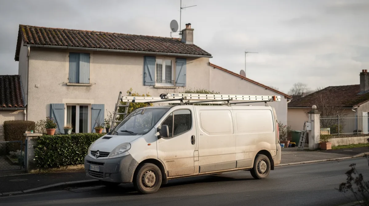 Camionnette d'artisan devant une maison vendéenne au matin