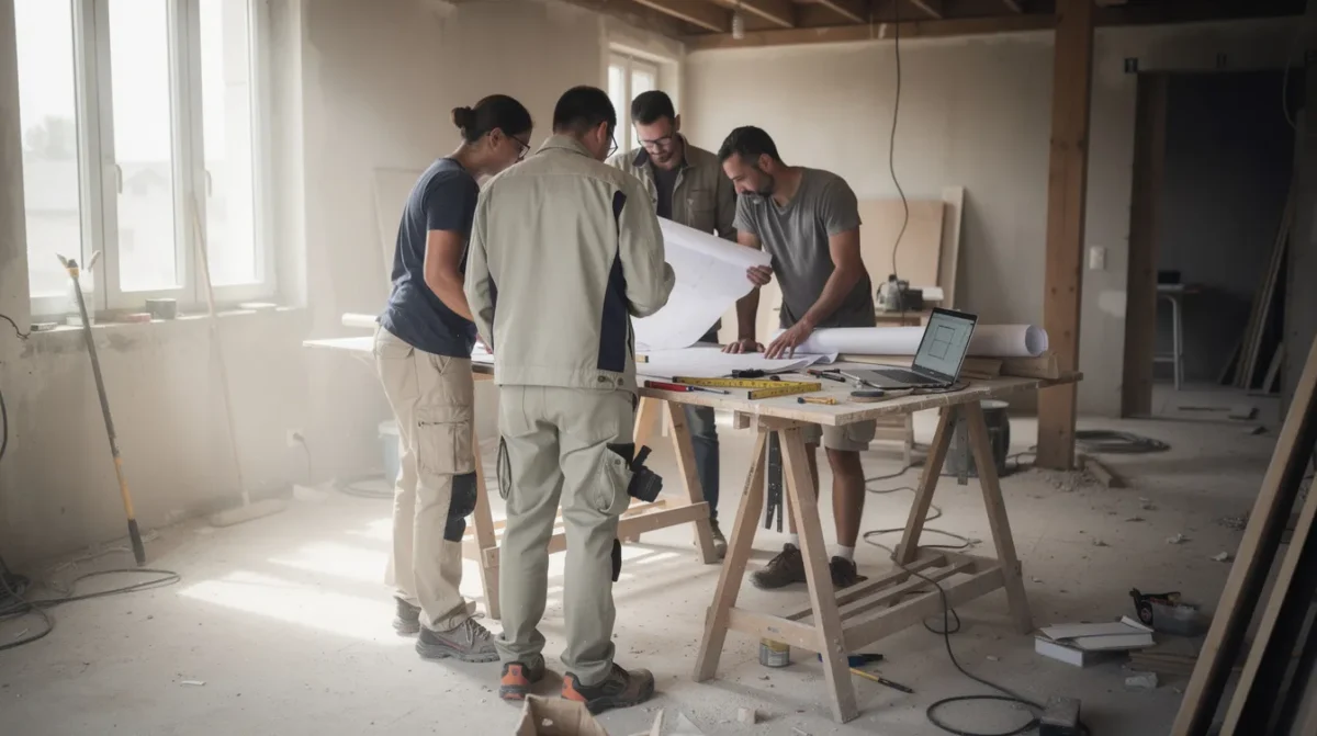 L'équipe autour d'une table d'atelier avec plans et ordinateur