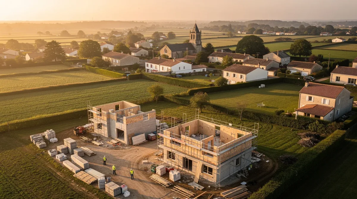 Bocage vendéen vu du ciel avec villages et clocher au couchant