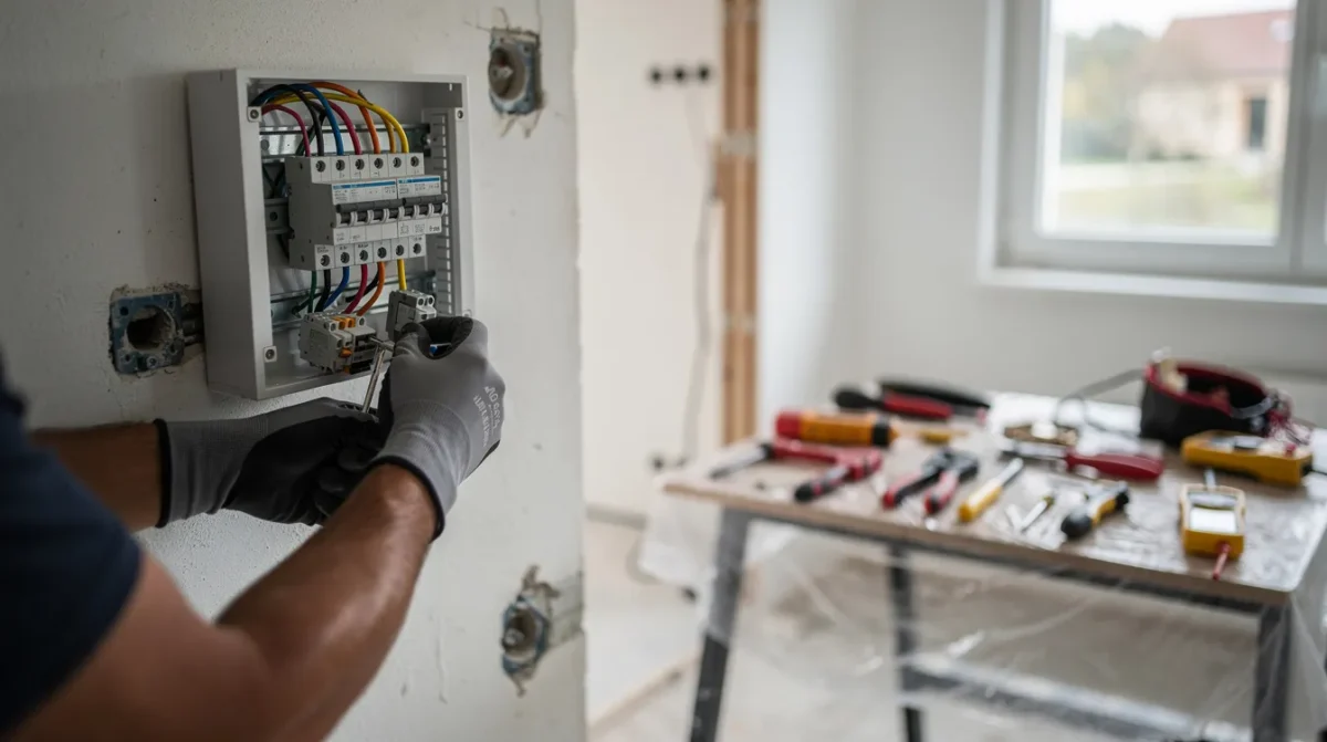 Électricien câblant un tableau électrique dans une maison de La Roche-sur-Yon