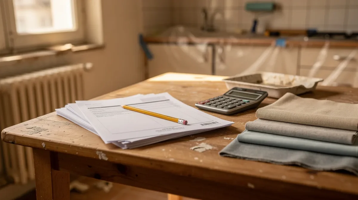 Devis de travaux, calculatrice et échantillons sur une table de cuisine