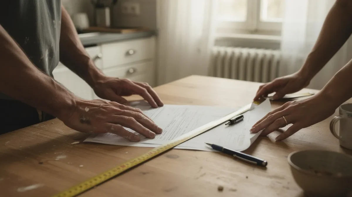 Un artisan et un particulier examinent ensemble un devis détaillé sur une table