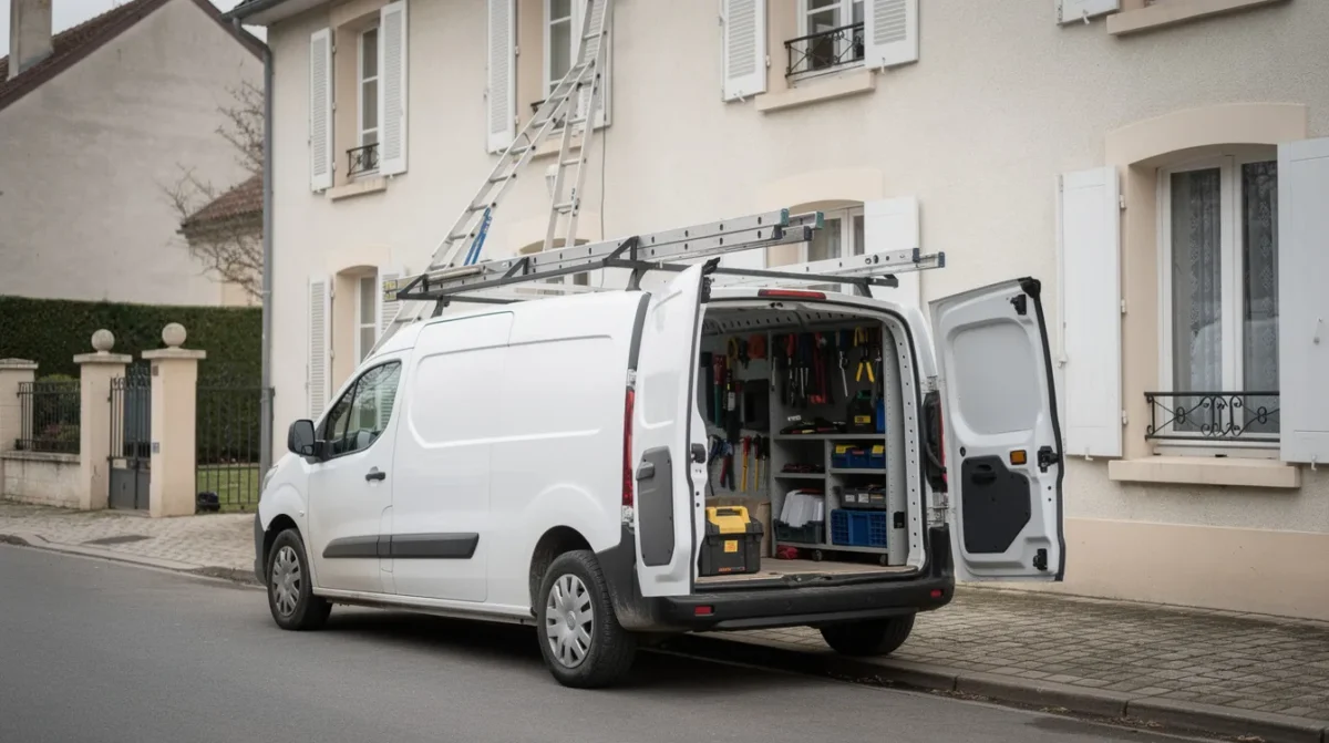 Camionnette d'artisan équipée devant une maison, matériel rangé et prêt à l'intervention
