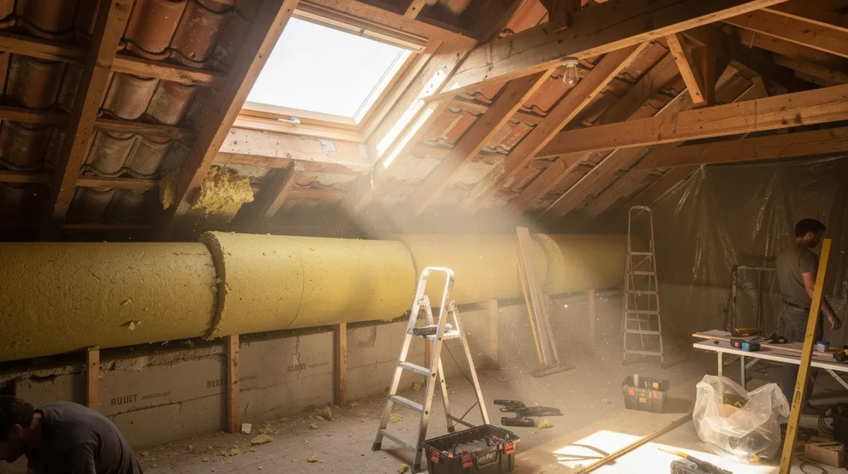 Pose d'isolant sous toiture lors d'une rénovation énergétique